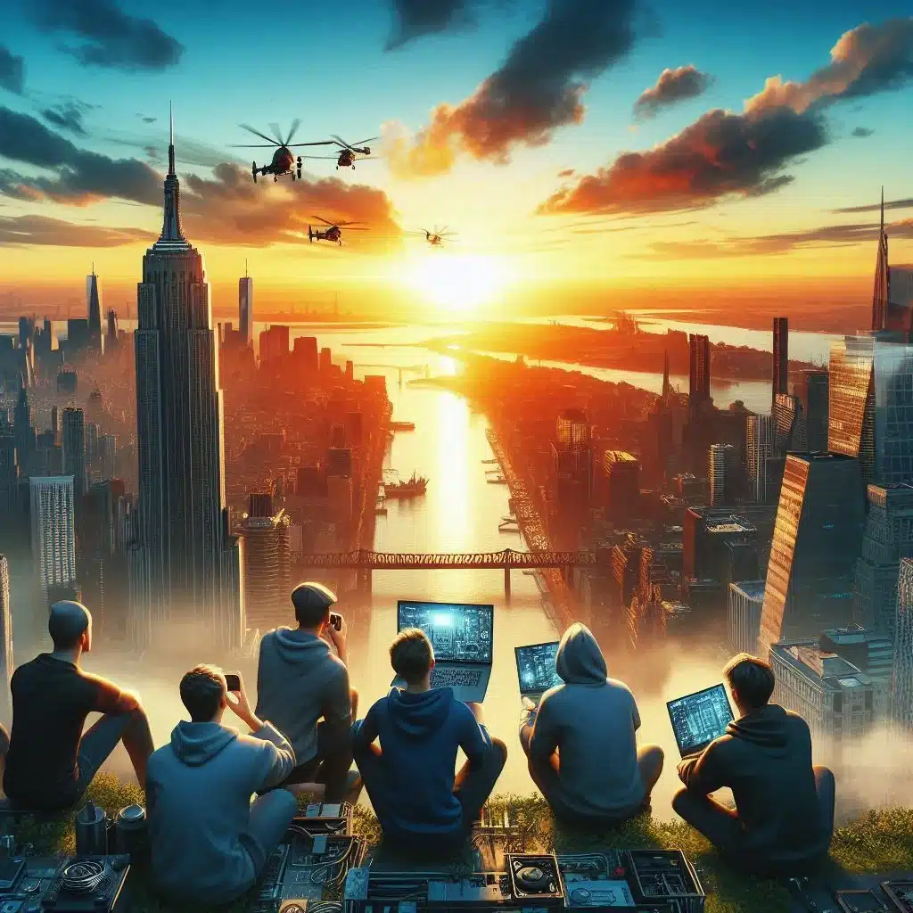 Tech Enthusiasts with High Tech Devices at Sunset overlooking a River