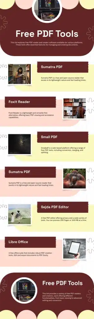 Infographic summarizing the best free PDF editors with key features and tools highlighted.