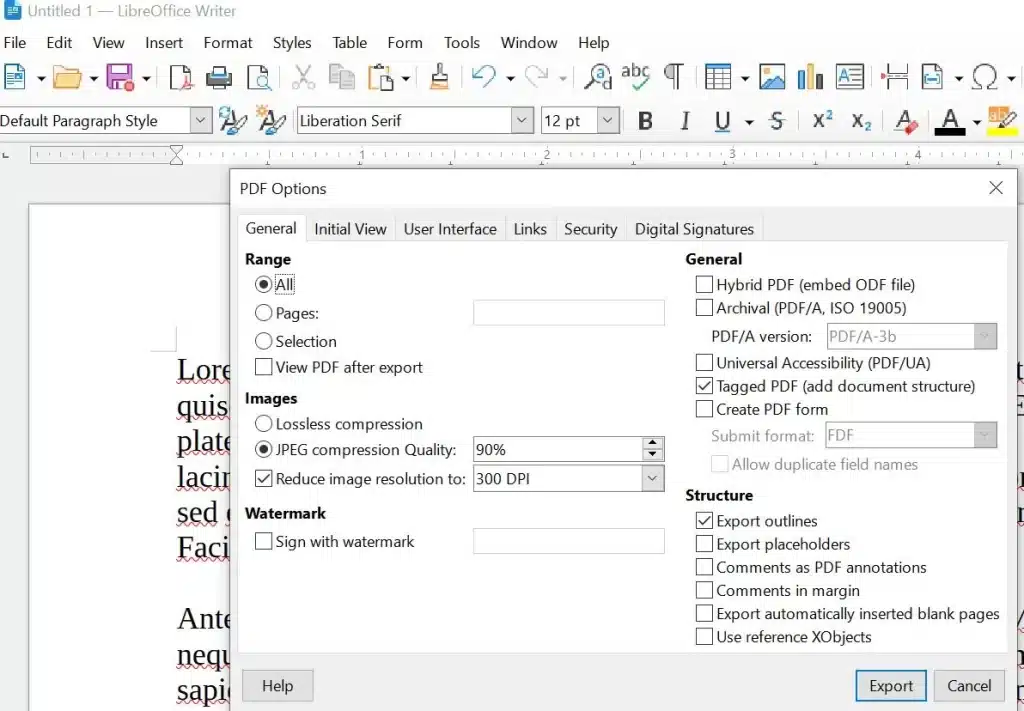 LibreOffice's PDF export feature for creating and editing PDFs for free