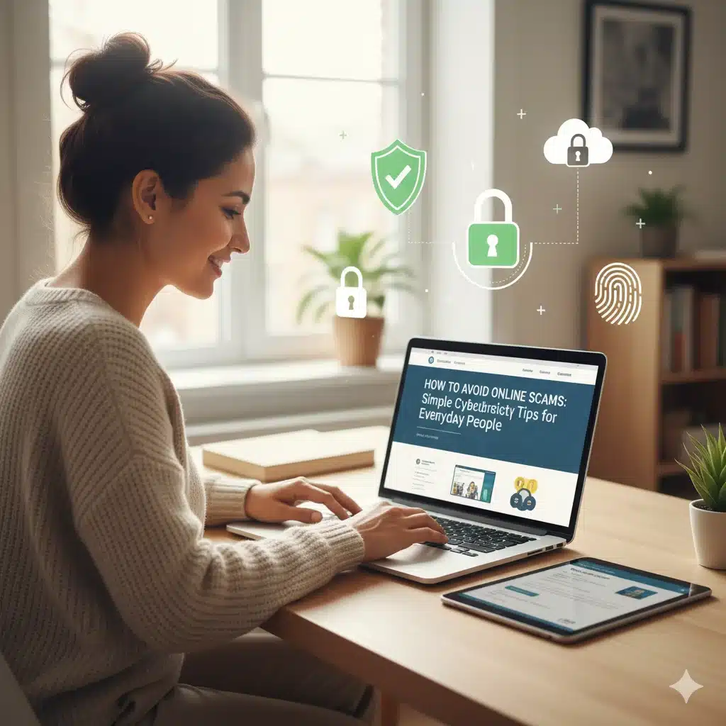Person using a laptop safely at home, learning how to avoid online scams and protect personal data online