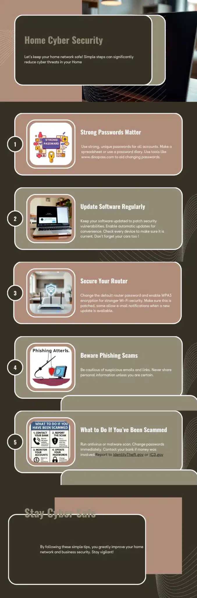Infographic showing online scam prevention tips and digital safety checklist
