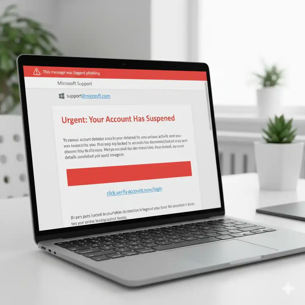Example of phishing email showing fake sender address and suspicious link warning