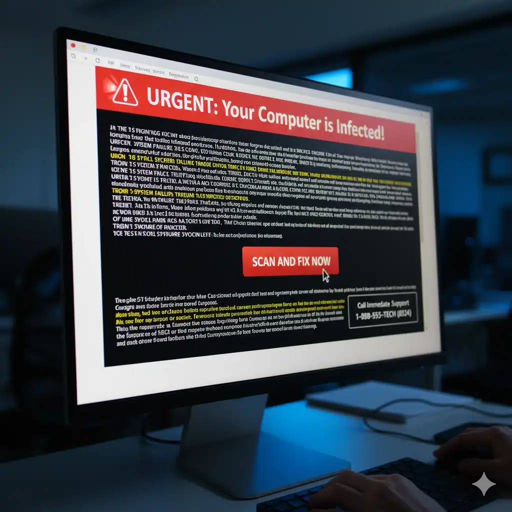 Example of fake tech support scam pop-up claiming a computer is infected.