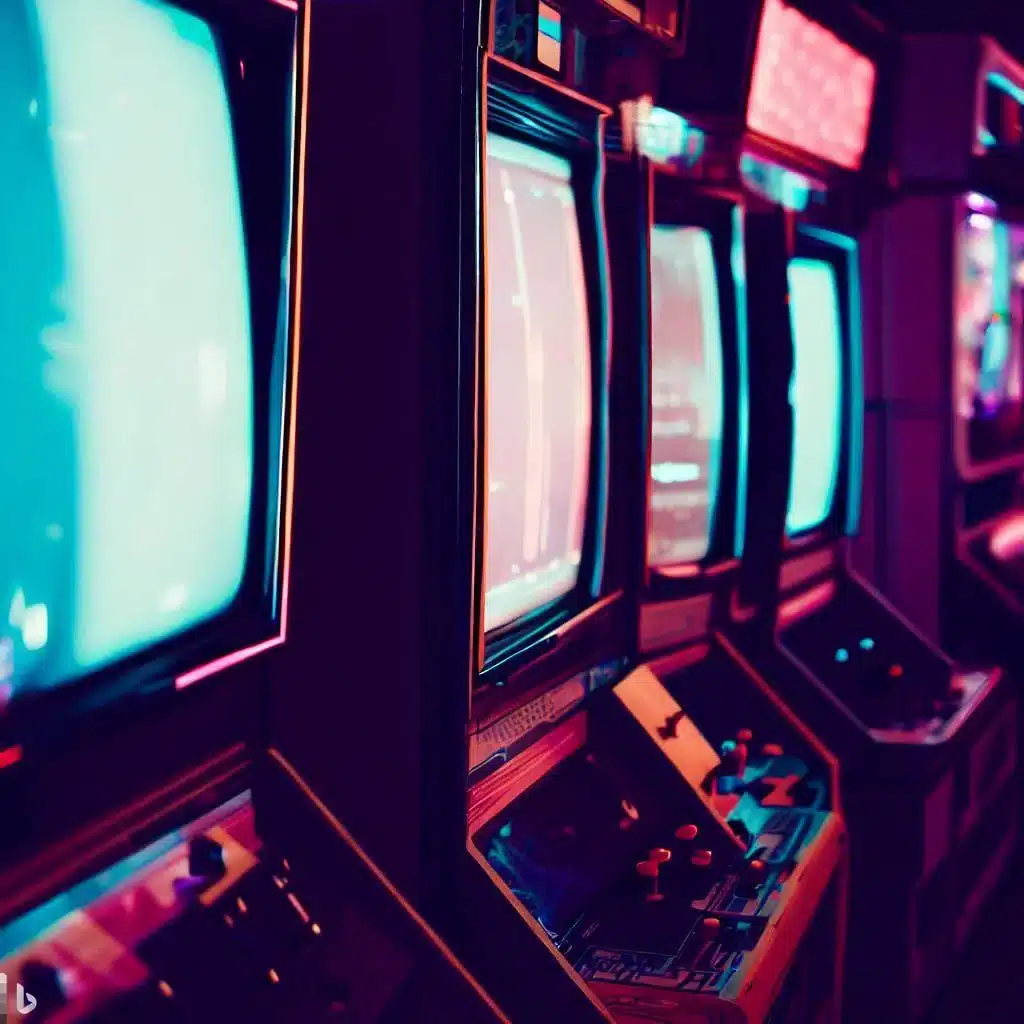 Colorful retro arcade cabinets with glowing CRT screens in a dark arcade, representing classic gaming recreated with RetroPie.