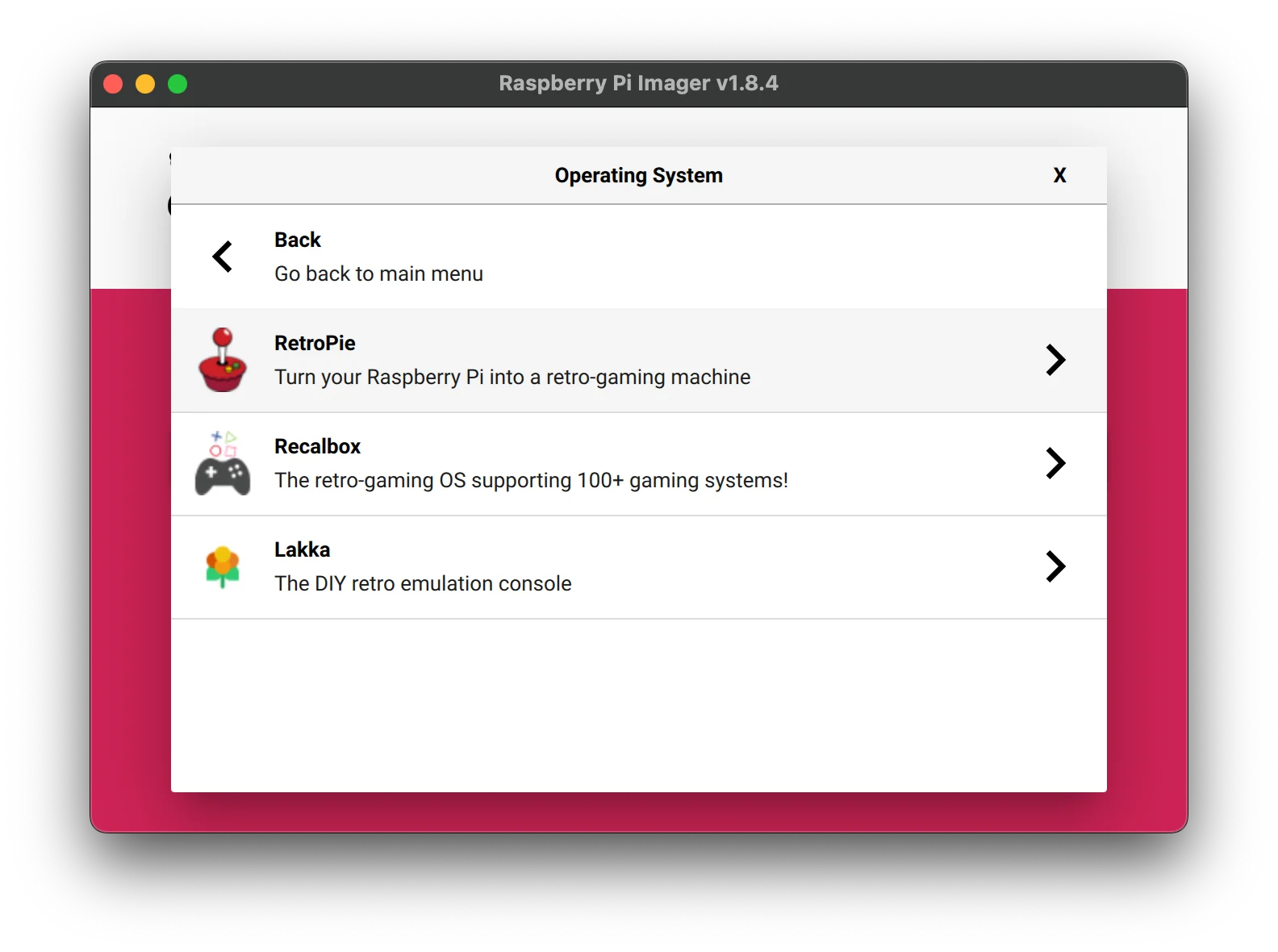 RetroPie main setup menu displayed on a Raspberry Pi, showing configuration options.