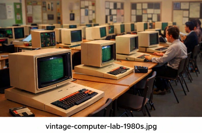 1980s computer lab with networked computers used for early programming education