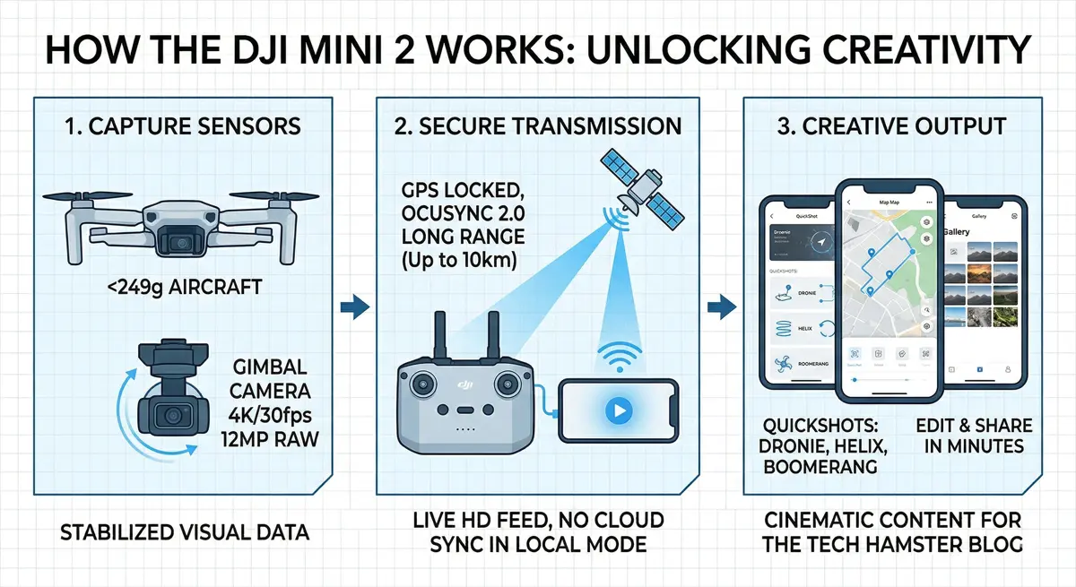 Infographic showing DJI Mini 2 secure transmission and Local Data Mode for private flying.