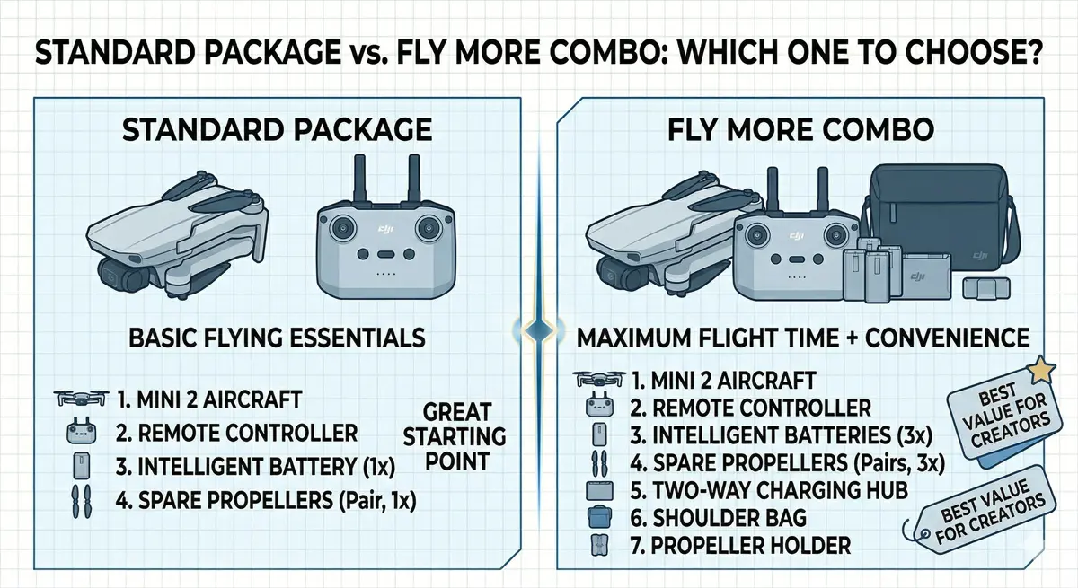 Comparison chart between DJI Mini 2 Standard Package and the Fly More Combo accessories.