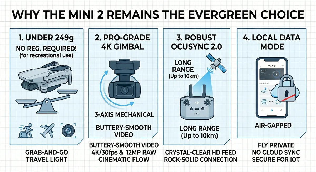 Diagram of DJI Mini 2 features: 249g weight, 4K gimbal, OcuSync 2.0, and Level 5 wind resistance.